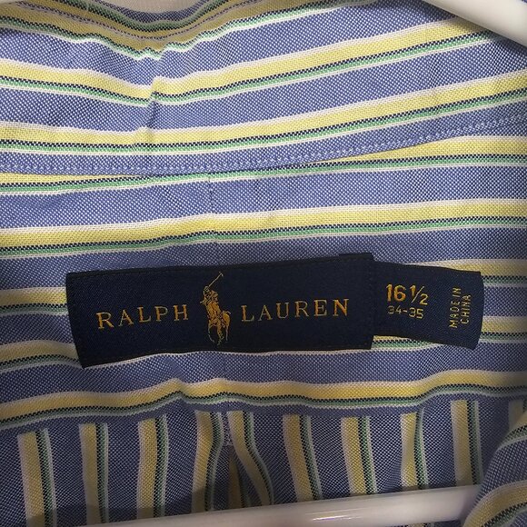 Ralph Lauren Blue Yellow Striped Button-Down Shirt Collegiate Preppy 16.5 - Picture 10 of 12